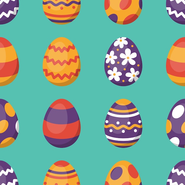 Patrón sin costuras de Pascua vectorial Huevos de Pascua en diseño plano sobre fondo verde Búsqueda de huevos