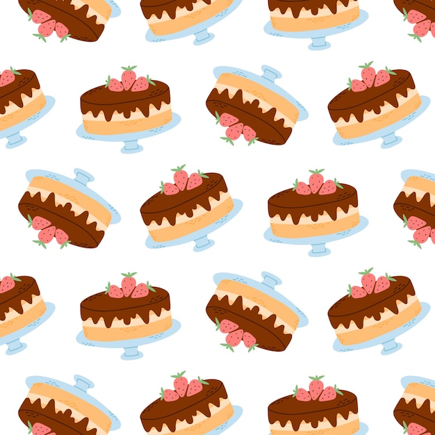 Patrón sin costuras con pastel de chocolate Imprimir con pastel y fresas Ilustración vectorial Estilo plano