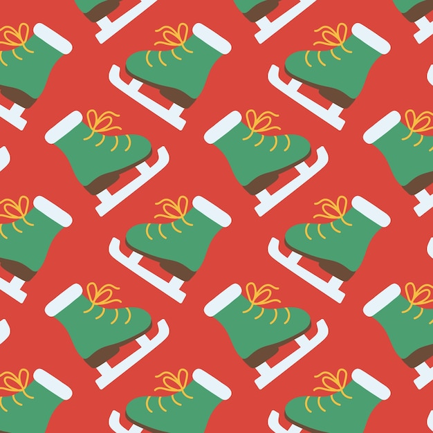 Patrón sin costuras de patines de hielo verdes con cordones amarillos sobre un fondo rojo en un estilo de diseño plano