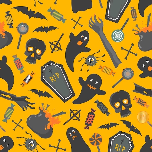Patrón sin costuras Patrón con divertidos personajes y elementos de halloween. Perfecto para impresiones, folletos, pancartas, invitaciones, saludo, scrapbooking, felicitaciones y más. Ilustración vectorial de Halloween.