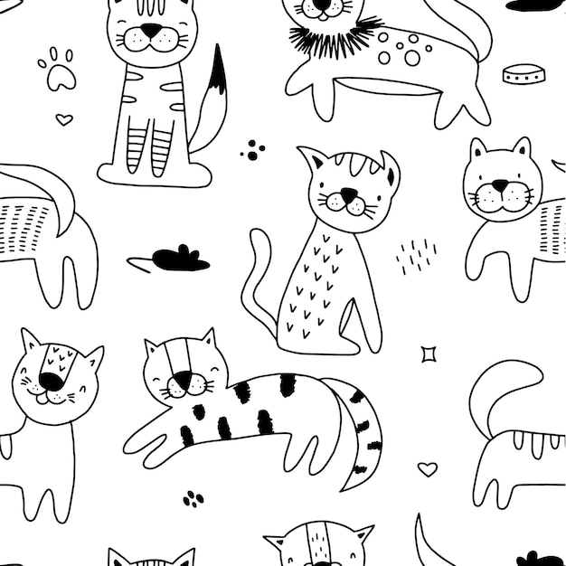 Patrón sin costuras con patrón de gatos lindos Ilustración de estilo garabato dibujado a mano divertido para tela de bebé