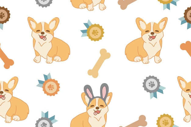 Patrón sin costuras con patrón de perro corgi de dibujos animados y medallas ilustración vectorial