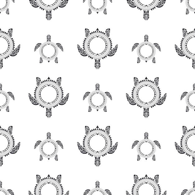 Patrón sin costuras con patrón de tortugas marinas maoríes Patrón tribal polinesio Fondo de vector transparente