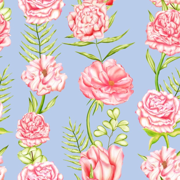 Patrón sin costuras de peonía rosa y flores florecientes