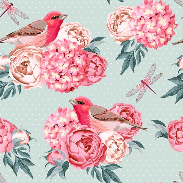 Vector patrón sin costuras con peonía rosefinch y hortensias