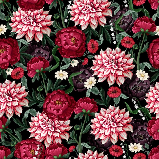 Patrón sin costuras con peonías de dahlia y flores silvestres Vector