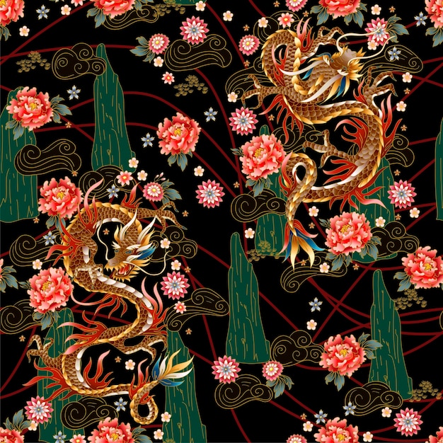 Patrón sin costuras con peonías dragón tradicionales chinas y vector sakura