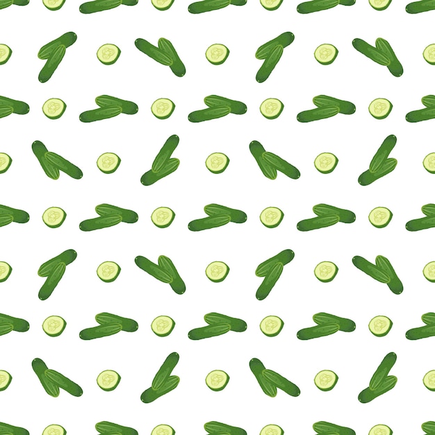 Patrón sin costuras con pepino verde cortado en trozos delicioso estampado vegetal saludable sobre fondo blanco alimentos frescos para la preparación de ensaladas cosecha vector ilustración plana
