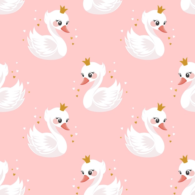 Patrón sin costuras pequeña princesa cisne con una corona dorada en un fondo rosa fondo lindo