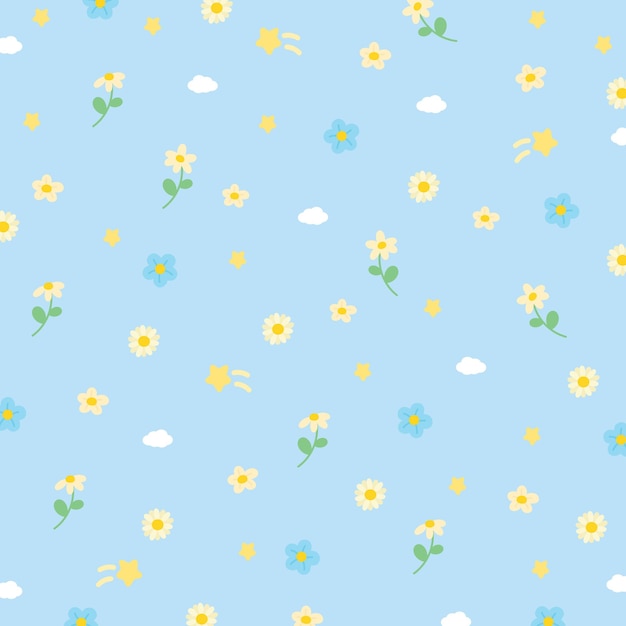 Un patrón sin costuras con pequeñas estrellas de flores pastel y nubes en un papel tapiz de fondo azul