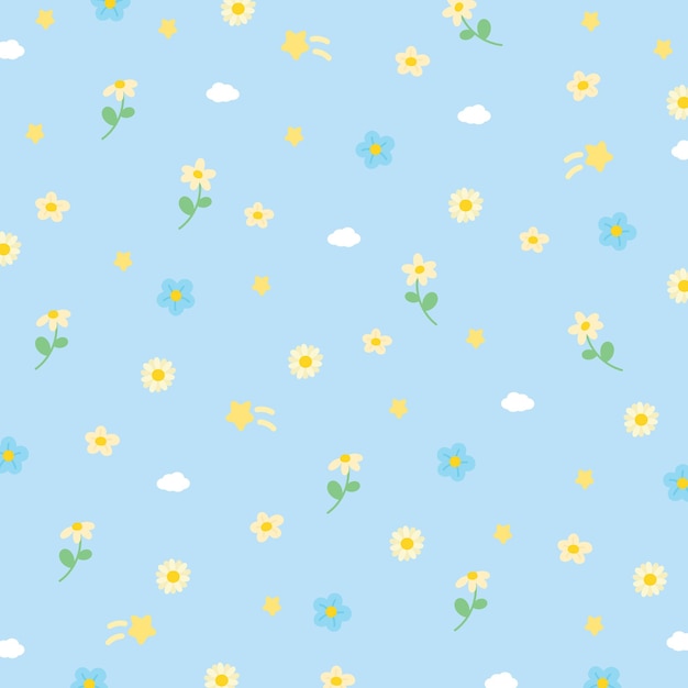 Un patrón sin costuras con pequeñas estrellas de flores pastel y nubes en un papel tapiz de fondo azul