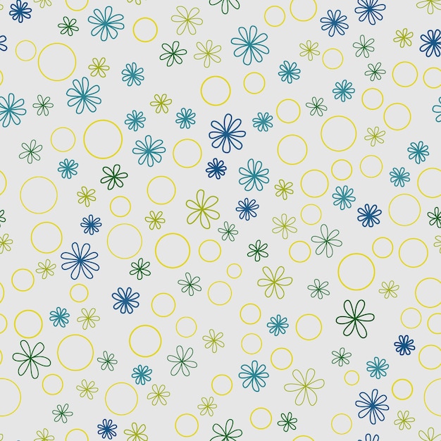 Patrón sin costuras con pequeñas flores y círculos en estilo retro Flores verdes azules sobre fondo gris