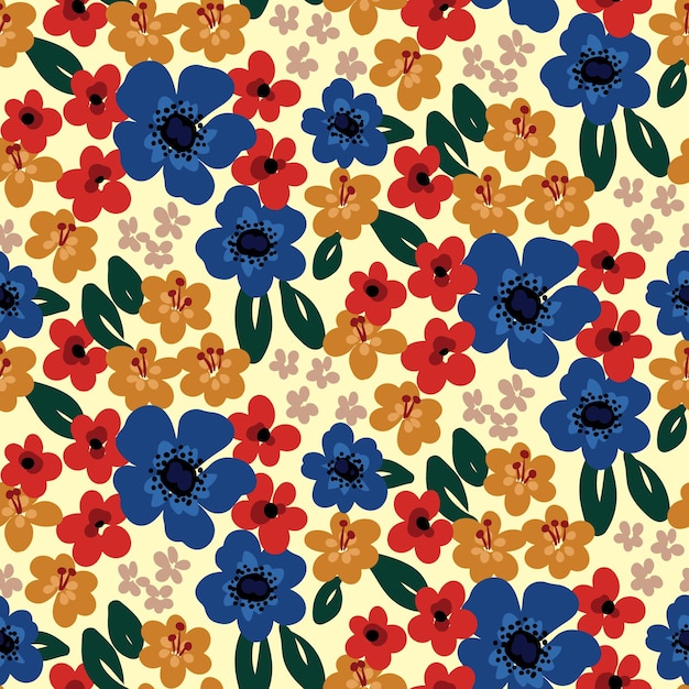Patrón sin costuras con pequeñas flores y hojas pintadas. Patrón floral lindo con flores simples, hojas. Composición Liberty de pequeñas plantas sobre un fondo claro. Diseño para impresión. Vector.