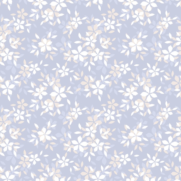 Patrón sin costuras con pequeñas flores y hojas sobre un fondo azul