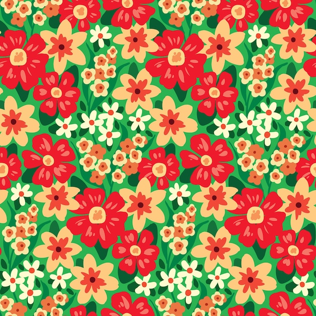 Patrón sin costuras con pequeñas flores lindas en un campo verde. Estampado floral de verano con pradera floreciente, varias flores, hojas. Fondo floral para niños. ilustración vectorial