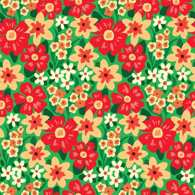 Patrón sin costuras con pequeñas flores lindas en un campo verde. estampado floral de verano con pradera floreciente, varias flores, hojas. fondo floral para niños. ilustración vectorial