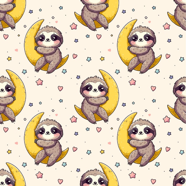 Patrón sin costuras Pequeño loris abraza el vector de la luna