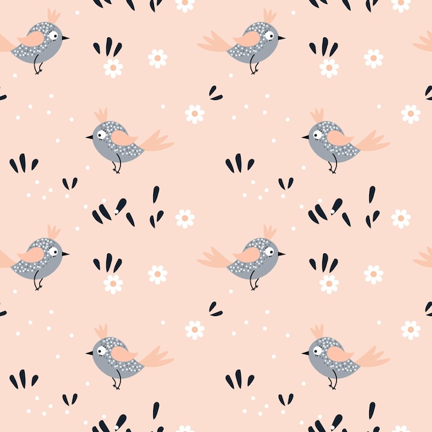Patrón sin costuras pequeños pájaros grises lindos hojas y flores sobre un delicado fondo naranja