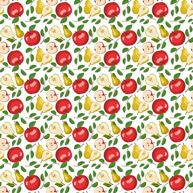 Patrón sin costuras con pera amarilla y manzana roja Impresión de frutas enteras saludables Fondo de alimentos dulces para dieta Ilustración plana vectorial