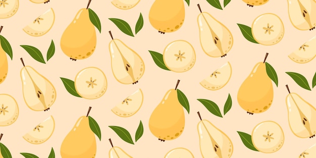 Patrón sin costuras con peras y hojas Ilustración vectorial de frutas de verano en estilo plano de dibujos animados