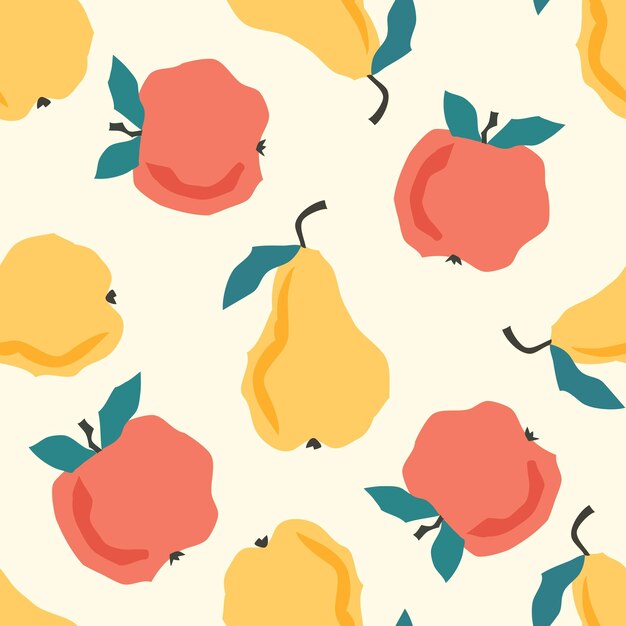 Patrón sin costuras con peras y manzanas al estilo de dibujos animados