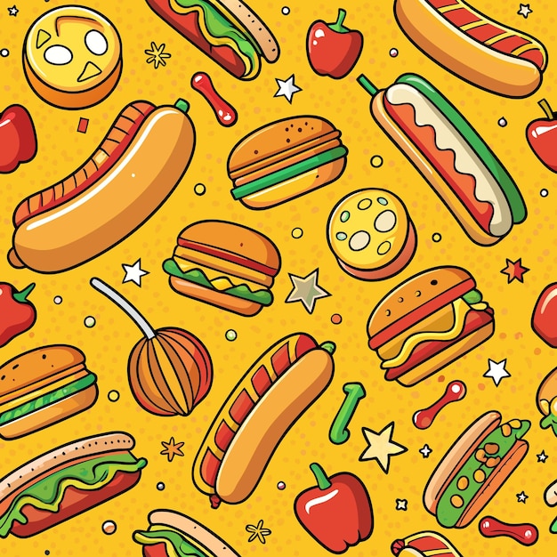 Patrón sin costuras de perritos calientes y hamburguesas de dibujos animados