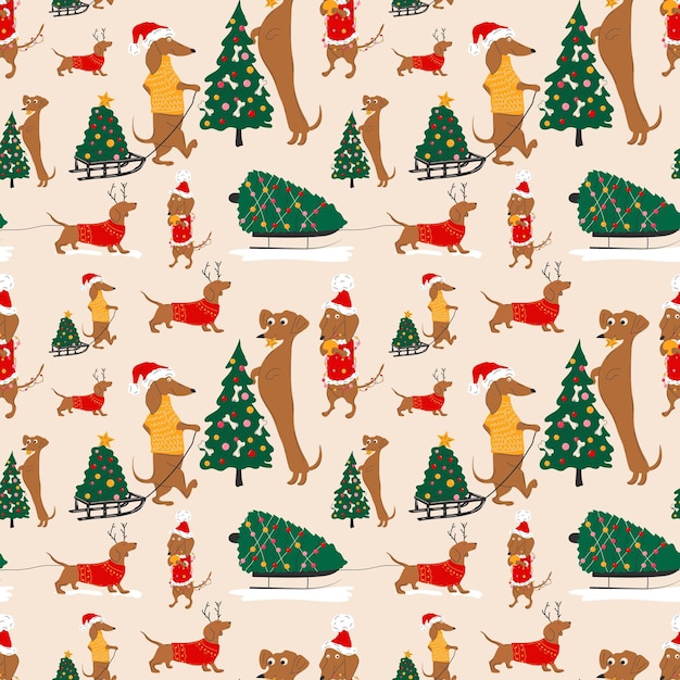 Patrón sin costuras con perros Dachshunds y árboles de Navidad ilustración vectorial