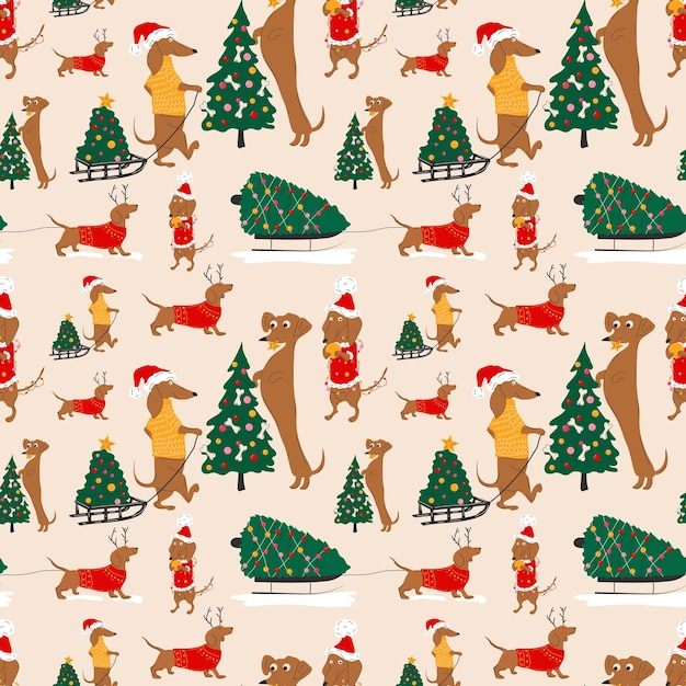 Patrón sin costuras con perros Dachshunds y árboles de Navidad ilustración vectorial