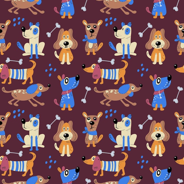 Patrón sin costuras con perros lindos Impresión vectorial con animales abstractos de dibujos animados en estilo escandinavo