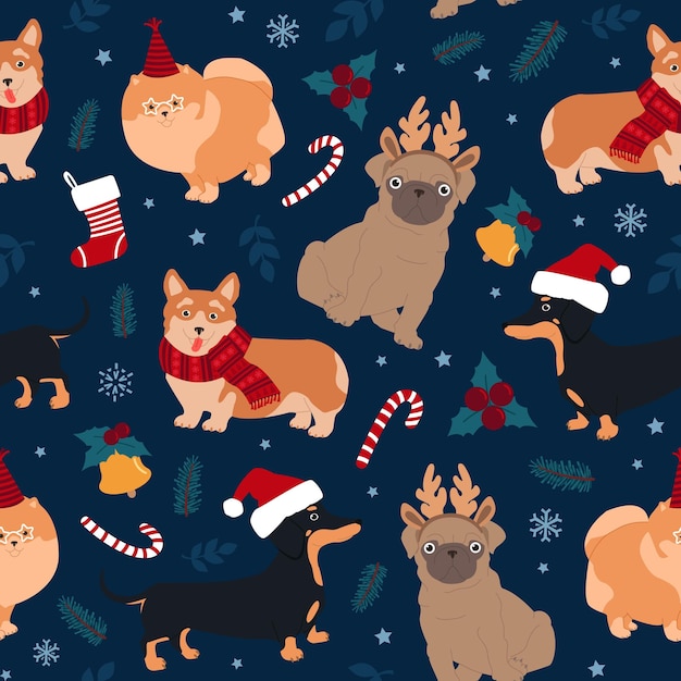 Patrón sin costuras de perros lindos pug corgi dachshund de Pomerania y elementos navideños
