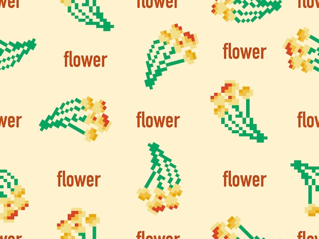 Patrón sin costuras de personaje de dibujos animados de flores sobre fondo amarillo estilo de píxel