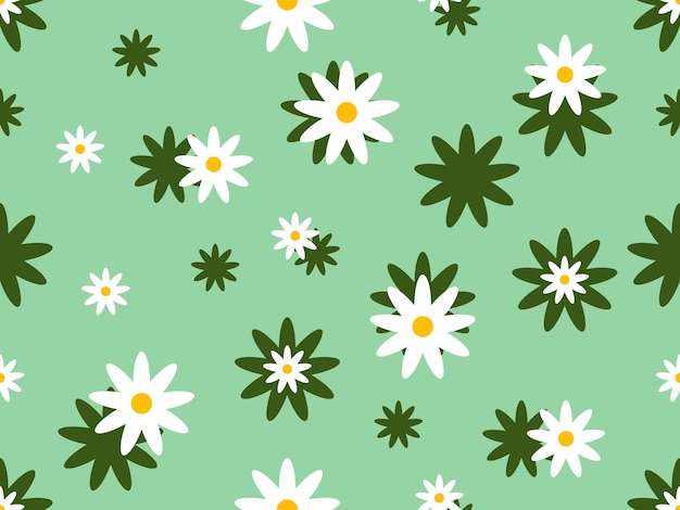 Vector patrón sin costuras de personaje de dibujos animados de flores sobre fondo verde