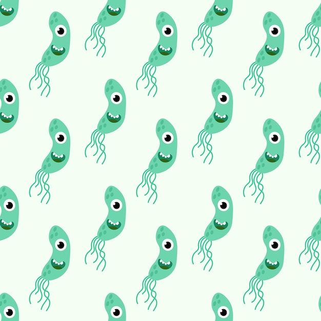 Patrón sin costuras con personajes de dibujos animados lindos bacterias virus microbiología organismo gracioso