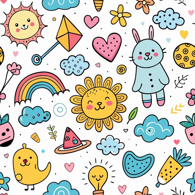 Patrón sin costuras con personajes y elementos de dibujos animados lindos