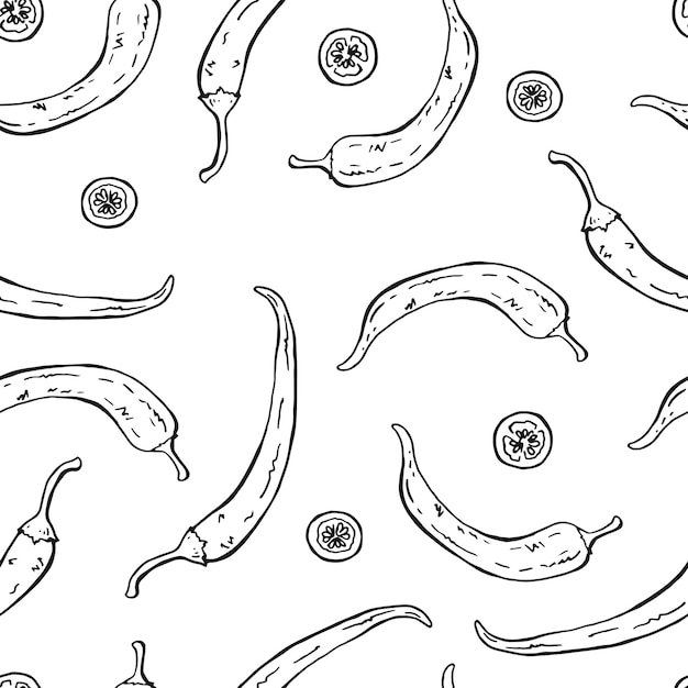 Patrón sin costuras con pimienta de chile Ilustración vectorial dibujada a mano