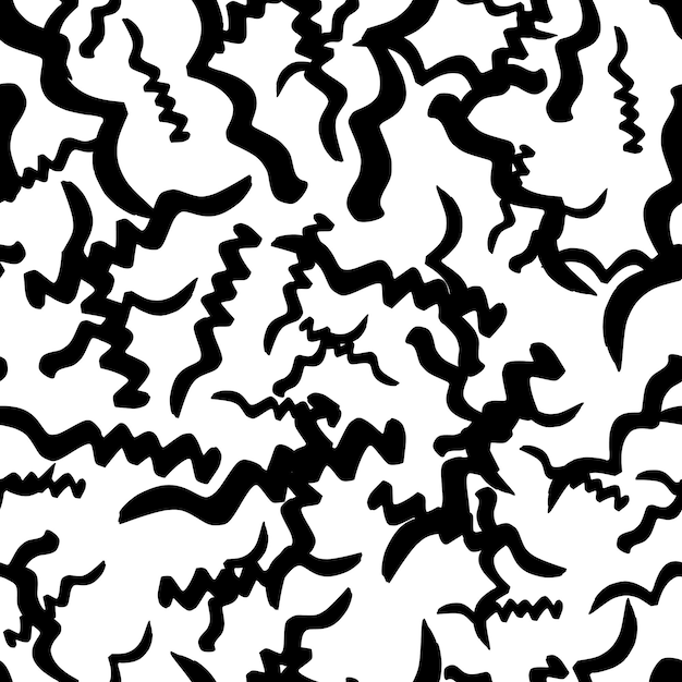 Patrón sin costuras con pinceladas grunge onduladas negras en formas abstractas sobre fondo blanco