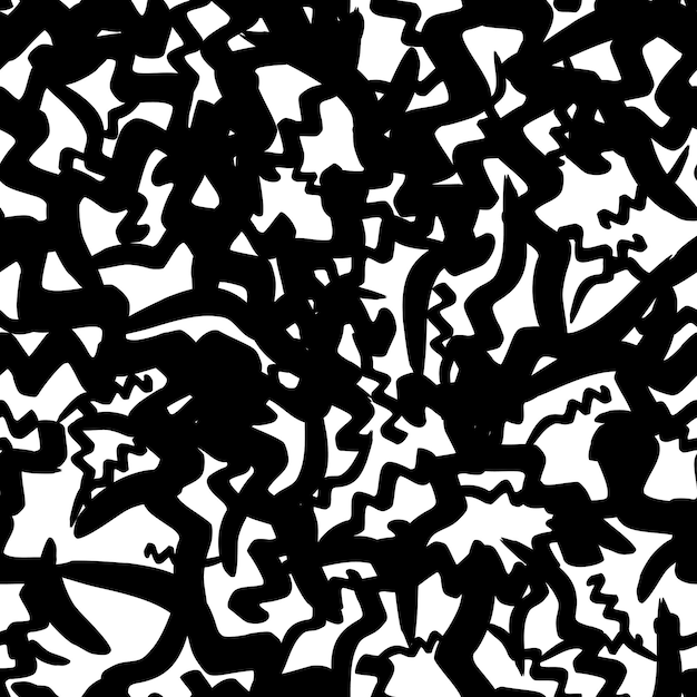 Patrón sin costuras con pinceladas grunge onduladas negras en formas abstractas sobre fondo blanco