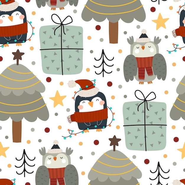 patrón sin costuras con pingüino, búho, árbol de navidad, presente, elementos decorativos