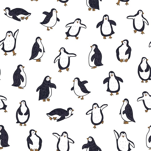 Patrón sin costuras con pingüinos lindos Ilustración vectorial en estilo de dibujos animados