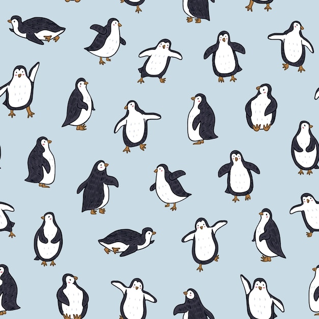 Patrón sin costuras con pingüinos lindos Ilustración vectorial en estilo de dibujos animados