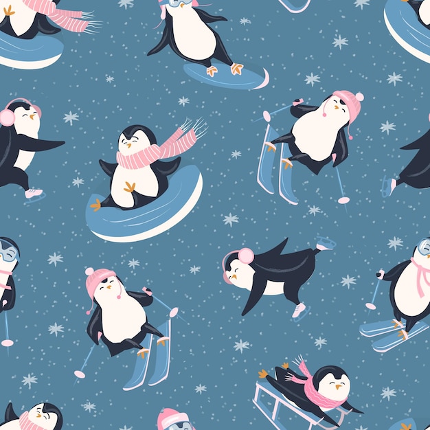 Patrón sin costuras con pingüinos sobre un fondo azul oscuro Ilustración de color vectorial con lindos pájaros árticos polares patinando sobre una tabla de snowboard en trineo de bufanda sobre esquís