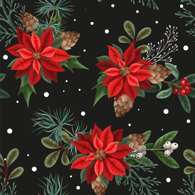 Patrón sin costuras con pinos poinsettia y hollyberries telón de fondo de Navidad