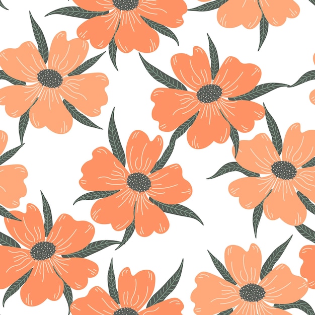 Patrón sin costuras pintado de flores naranjas y hojas grises sobre un fondo blanco Textil de impresión