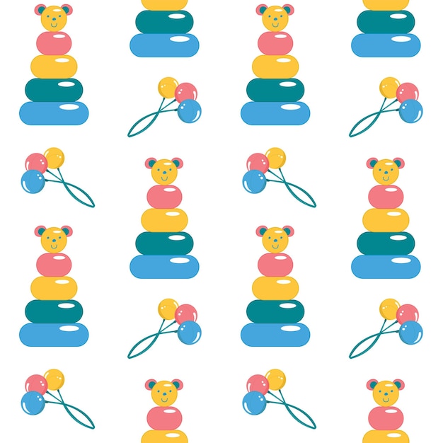 Patrón sin costuras con pirámide de color de juguete para niños en forma de cono y sonajero de color