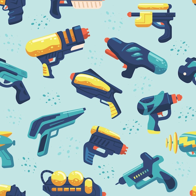Patrón sin costuras de pistolas de agua Diseño brillante y divertido con varias pistolas de agua en diferentes colores y tamaños