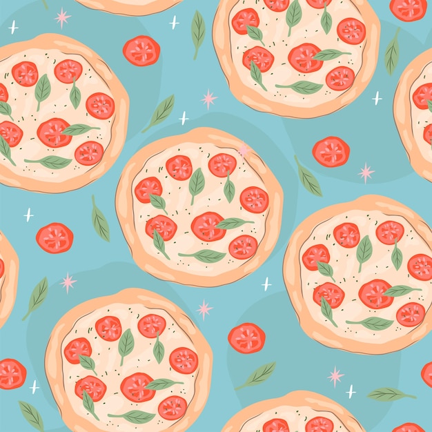 Vector patrón sin costuras de pizza italiana. fondo con tomates y albahaca. perfecto para crear telas.