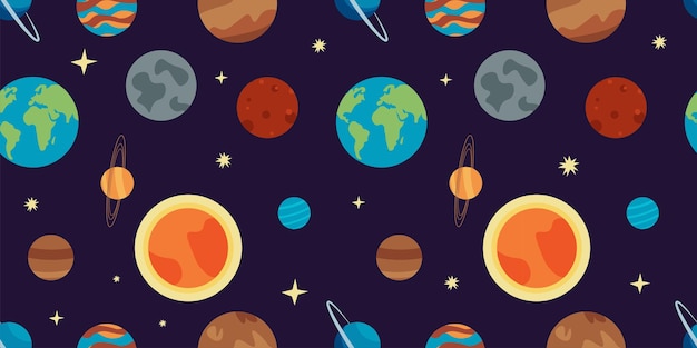 Patrón sin costuras con planetas y estrellas de dibujos animados Ilustración vectorial de galaxias
