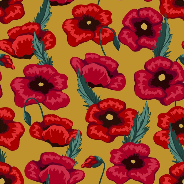Patrón sin costuras de plantas de amapola. Ilustración floral vectorial abstracta. Adorno de flores silvestres. Diseño vintage para impresión, fondo, textil, papel pintado, decoración.