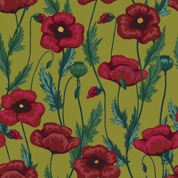 Patrón sin costuras de plantas de amapola. Ilustración floral vectorial abstracta. Adorno de flores silvestres. Diseño vintage para impresión, fondo, textil, papel pintado, decoración.