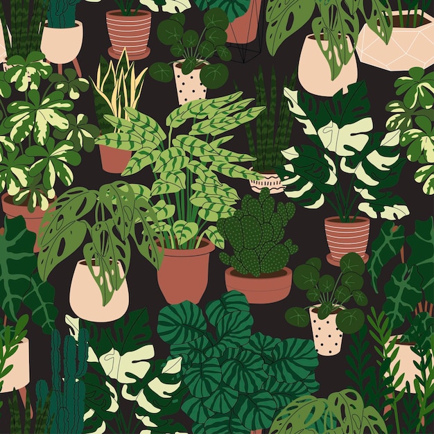 Patrón sin costuras con plantas de habitación en las macetas Decoración de papel y textiles Diseño de interiores Plantas caseras modernas Estilo plano en ilustración vectorial